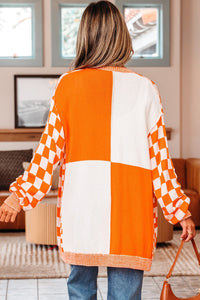 Checkered Bubble Sleeve Cardigan (Orange)