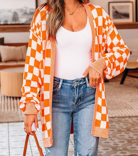 Checkered Bubble Sleeve Cardigan (Orange)